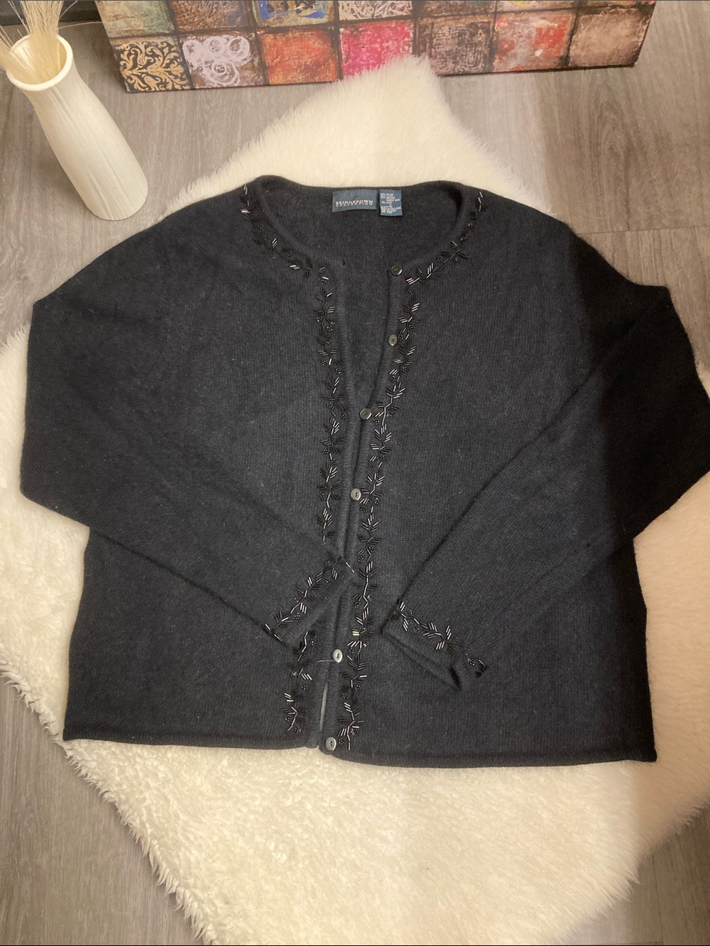 Bridgetown Collection Angora Rabit Hair Embellished Beaded Button Down Sweater L